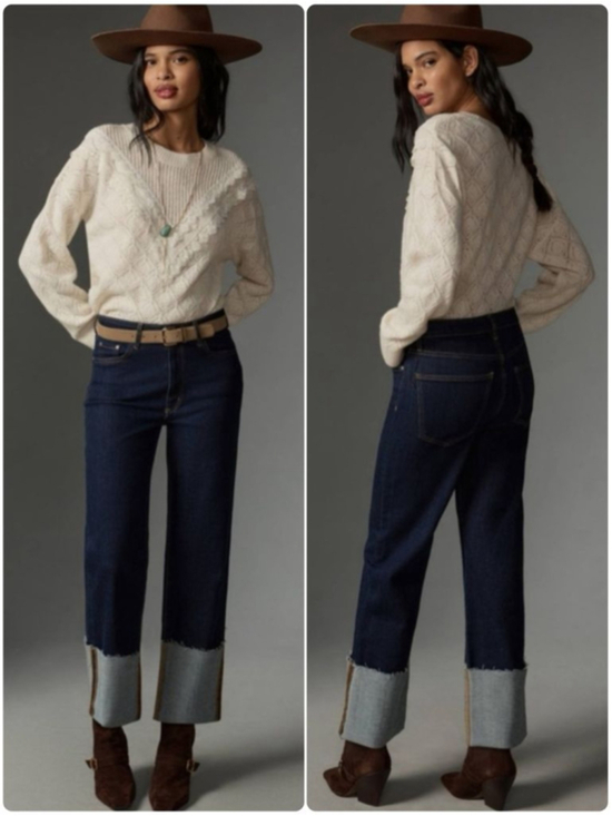 Pilcro Denim - Pilcro 32 Scotty Wide Straight Leg Jeans Dark Rinse Wash High Cuff Tall Raw Hem